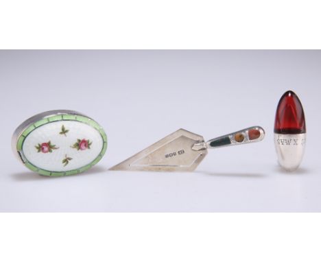 A VICTORIAN CRANBERRY GLASS BULLET-SHAPED SCENT FLASK, unmarked, the screw-off cover engraved "Got XMAS 1880", 4cm; together 