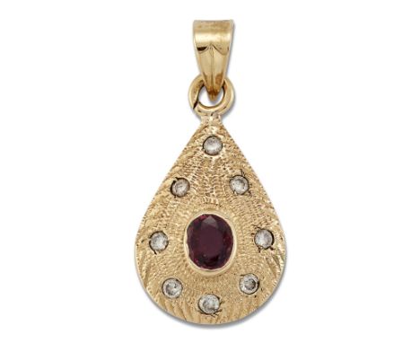 A RUBY AND DIAMOND PENDANT, an oval-cut ruby within a textured drop frame, set with round brilliant-cut diamonds, total estim