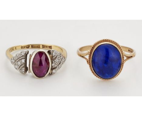 A 9 CARAT GOLD LAPIS LAZULI RING, hallmarked Birmingham 1993, ring size O, 2.3 grams; and A RUBY AND DIAMOND RING, an oval ro