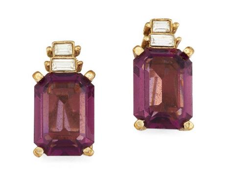 CHRISTIAN DIOR - A PAIR OF PASTE CLIP EARRINGS, octagonal-cut purple paste surmounted by baguette-cut white paste, Christian 