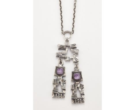 PENTTI SARPANEVA FOR TURUN HOPEA - A FINNISH SILVER AND AMETHYST PENDANT NECKLACE,&nbsp;a heavily textured negligee pendant s