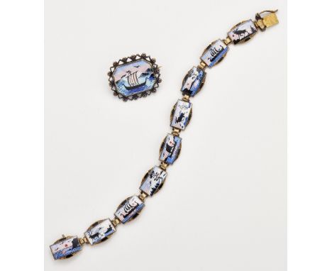 AKSEL HOLMSEN - A NORWEGIAN SILVER-GILT AND ENAMEL BRACELET, lozenge shaped links painted depicting various silhouetted lands