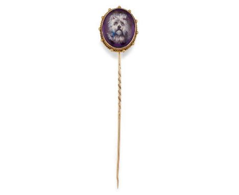 A&nbsp;19TH&nbsp;CENTURY PURPLE PASTE STICK PIN,&nbsp;an oval purple paste painted depicting a West Highland Terrier with a b