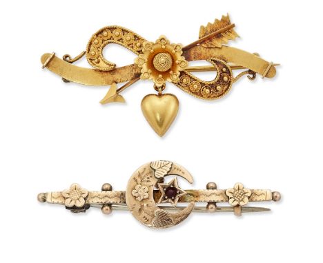 TWO LATE VICTORIAN BROOCHES, including A SENTIMENTAL BROOCH,&nbsp;a central cannetille flower head crossed by a cannetille sc