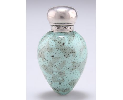 A VICTORIAN SILVER-MOUNTED PORCELAIN SCENT BOTTLE, maker's mark indistinct, London 1885, in the form of a guillemot egg, with
