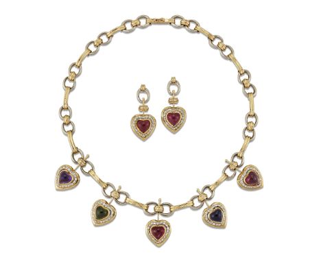 A GEMSTONE AND DIAMOND NECKLACE AND EARRING SUITE, the necklace with five heart-shaped pendant drops set with cabochon heart 