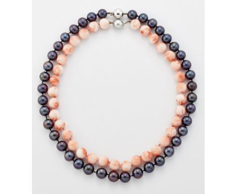 A CORAL BEAD NECKLACE, uniform pink coral beads knotted to a ball clasp, marked '750', length 42cm, 58.6 grams; together with