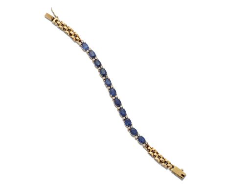 A SAPPHIRE AND DIAMOND BRACELET,&nbsp;oval-cut sapphires spaced by pairs of round brilliant-cut diamonds, between lengths of 