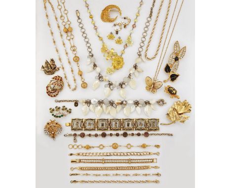 A SMALL QUANTITY OF DESIGNER AND OTHER COSTUME JEWELLERY, including A BUTLER &amp; WILSON YELLOW CRYSTAL FLORAL NECKLACE AND 