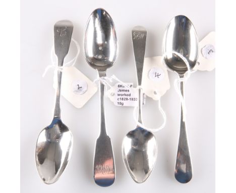FOUR SCOTTISH PROVINCIAL SILVER TEASPOONS, comprising an Old English pattern spoon, by John Keth, Banff, c.1800; a Fiddle pat