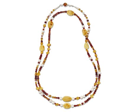 A CULTURED PEARL, AMBER AND GEMSTONE BEAD NECKLACE, cultured pearls spaced by rough, faceted and smooth polished amber, facet