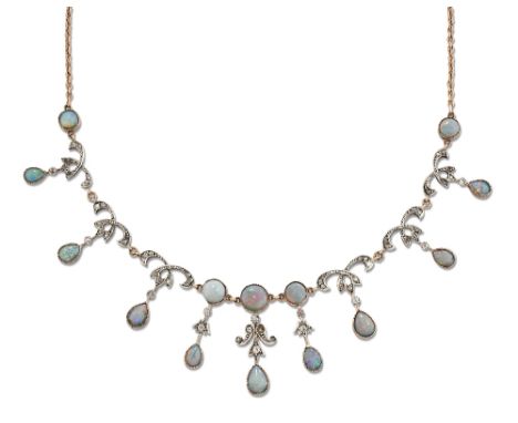 AN EARLY&nbsp;20TH&nbsp;CENTURY OPAL AND DIAMOND NECKLACE, round and pear-cut opals and diamond-set scroll links to a belcher