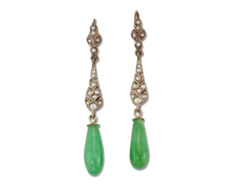 A PAIR OF JADE AND SEED PEARL PENDANT EARRINGS, seed pearl-set leaf motif surmounts suspend polished jade drops, with hook fi