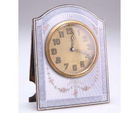 A CONTINENTAL SILVER AND ENAMEL STRUT CLOCK, import mark, Aron Brothers, London 1920, stamped "ARGENT DORE", the pale blue gu