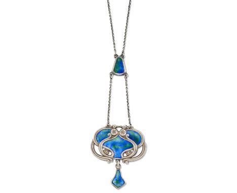 CHARLES HORNER - A SILVER AND ENAMEL PENDANT NECKLACE,&nbsp;a pierced heart-shaped plaque with pierced whiplash scrolls and f