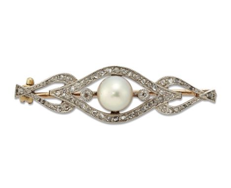 A PEARL AND DIAMOND BROOCH, a pearl within a scrolling frame of old-cut and rose-cut diamonds. 1cm by 3.7cm, 5.9 grams&nbsp;C