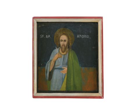 St. Andrew the Apostle dating: first quarter of the 20th Century provenance: Romania Full plate with painted frame. Oil. Spli