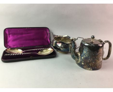 SILVER PLATED HOTEL PATTERN THREE PIECE TEA SERVICE, along with a set of silver plated fish knives and forks in case, a pair 