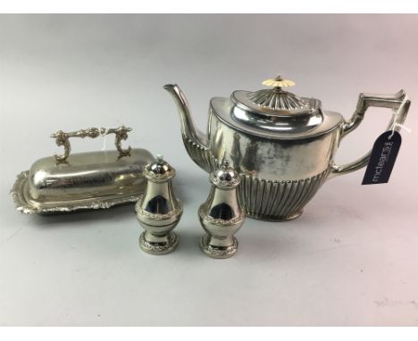 SILVER PLATED THREE PIECE TEA SERVICE, with partly fluted decoration, comprising tea pot, cream and sugar, along with other p