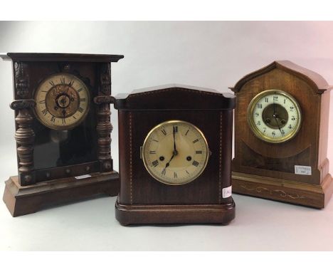 EDWARDIAN INLAID MAHOGANY MANTEL CLOCK, 35cm high, another inlaid clock and a Victorian mantel clock (3)