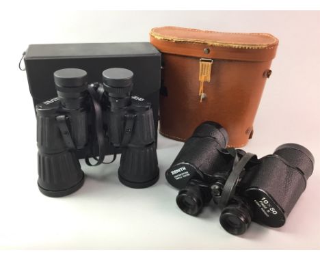 PAIR OF ZENITH 10X50 LIGHT WEIGHT BINOCULARS, in case, along with two others by Hilkin and Tasco (3)
