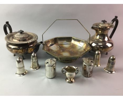 SILVER PLATED FOUR PIECE TEA SERVICE, along with a kettle on stand and other plated ware