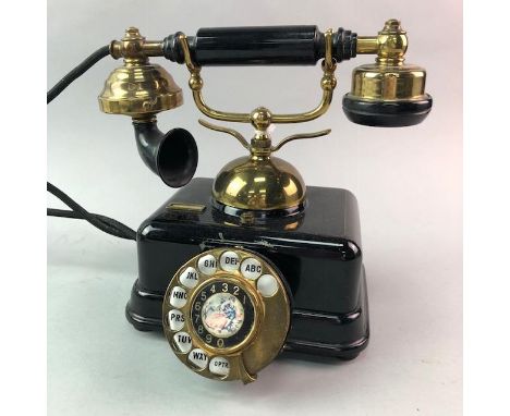 VINTAGE TELEPHONE, along with a brass table lamp, hand bell, carriage clock and a plated serving tray