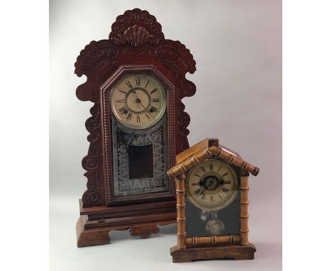 AMERICAN 'GINGERBREAD' SHELF CLOCK, 60cm high, along with another American clock (2)