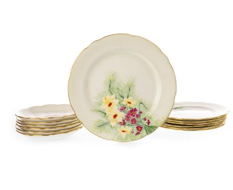HAND PAINTED PART TEA SERVICE, comprising six trios, sugar and cream, and a sandwich plate, hand painted with various flowers