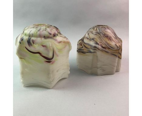 TWO 1930’S GLASS CEILING SHADES, along with a ruby glass shade and three others (6)