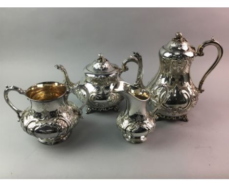 EDWARDIAN SILVER PLATED DOUBLE HANDLED TEA TRAY, along with a late Victorian four piece plated tea and coffee service and a g