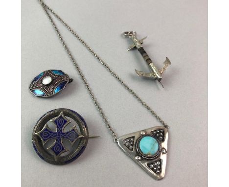 SILVER CHARLES HORNER NECKLACE, of triangular form, set with a round blue stone to the centre, along with a blue and purple e