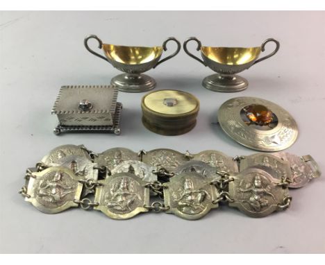 PLATED PLAID BROOCH, along with a group of metalware including stamp box, horn snuff box, pair of salt cellars, two wine tast