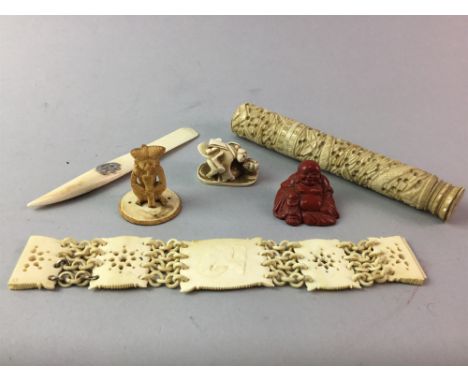 LOT OF CARVED ASIAN ITEMS, including a netsuke back scratcher, page turner and bracelet