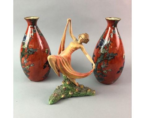 PAIR OF CORONA WARE VASES, along with an Art Deco Style Wade figure of 'Springtime' (3)