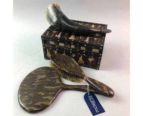 TWO MINIATURE PHOTOGRAPH FRAMES, of Art Nouveau design, along with a porcupine box, four pen knives, a matching hair brush an