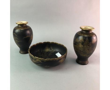 PAIR OF JAPANESE SATSUMA VASES, the vases 18cm high, along with similar bowl and a Japanese coffee service and a part tea ser