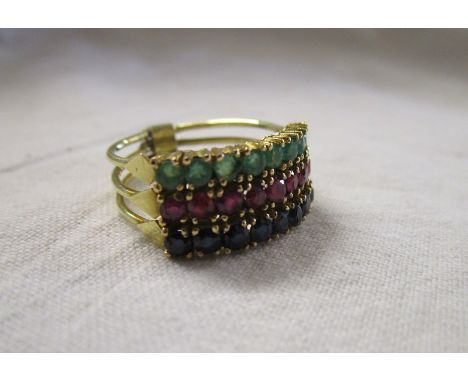 Gold emerald ruby &amp; sapphire triple ring