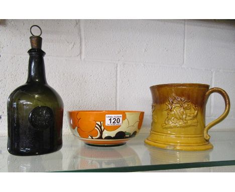 Early glass bottle, Clarice Cliff bowl and treacle ware jug - All A/F