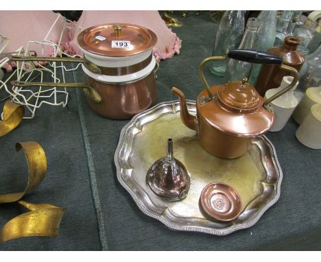 Collection of copper to include kettle &amp; silver plate tray etc