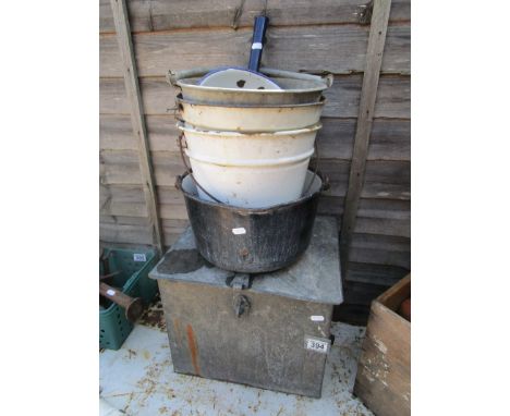 Metal box, enamel buckets etc