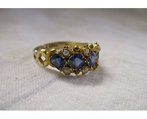 Antique sapphire and seed pearl ring (1 pearl missing)This ring is approx UK size M½ and weighs approx 5.3g. The stones are b