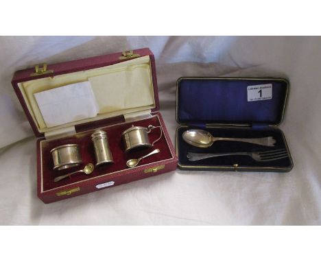 Boxed silver condiment set &amp; cased silver spoon and fork