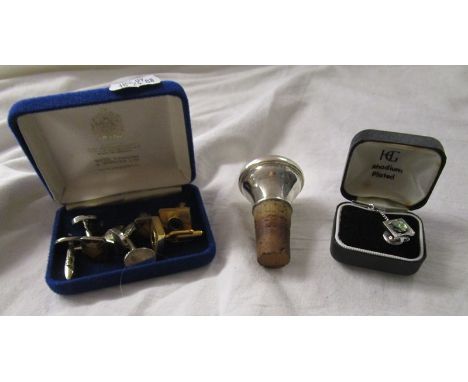 Box of cufflinks etc to include silver bottle stopper