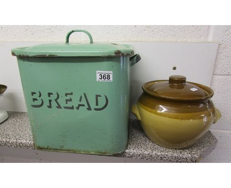 Lidded stoneware pot &amp; enamel bread bin