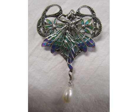 Silver champlevé enamel Art Nouveau style brooch