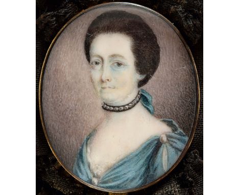 ENGLISH SCHOOL Portrait of Miss Glynne wearing a low blue dress and pearl & velvet necklace, bracelet mount; 3.8 x 3.1 cms