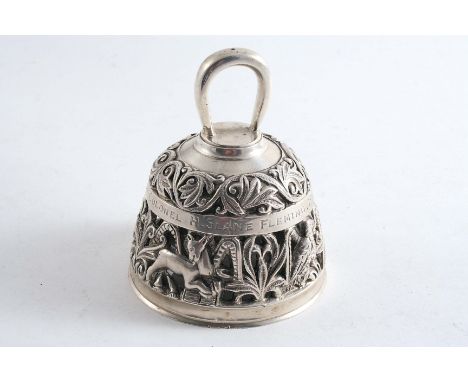 AN EDWARDIAN CAST TABLE BELL After the antique with Regimental inscription around the body*, by William Hutton & Sons Ltd., S