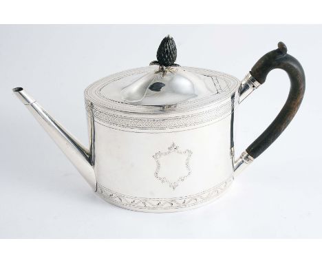 A GEORGE III NAVETTE-SHAPED TEAPOT with a straight spout, pricked borders & a vacant cartouche on each side, by D. Urquhart &