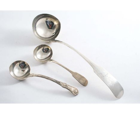 A GEORGE III IRISH, FIDDLE PATTERN SOUP LADLE crested & initialled on the drop, maker's mark "JK" (script), Dublin 1806 toget
